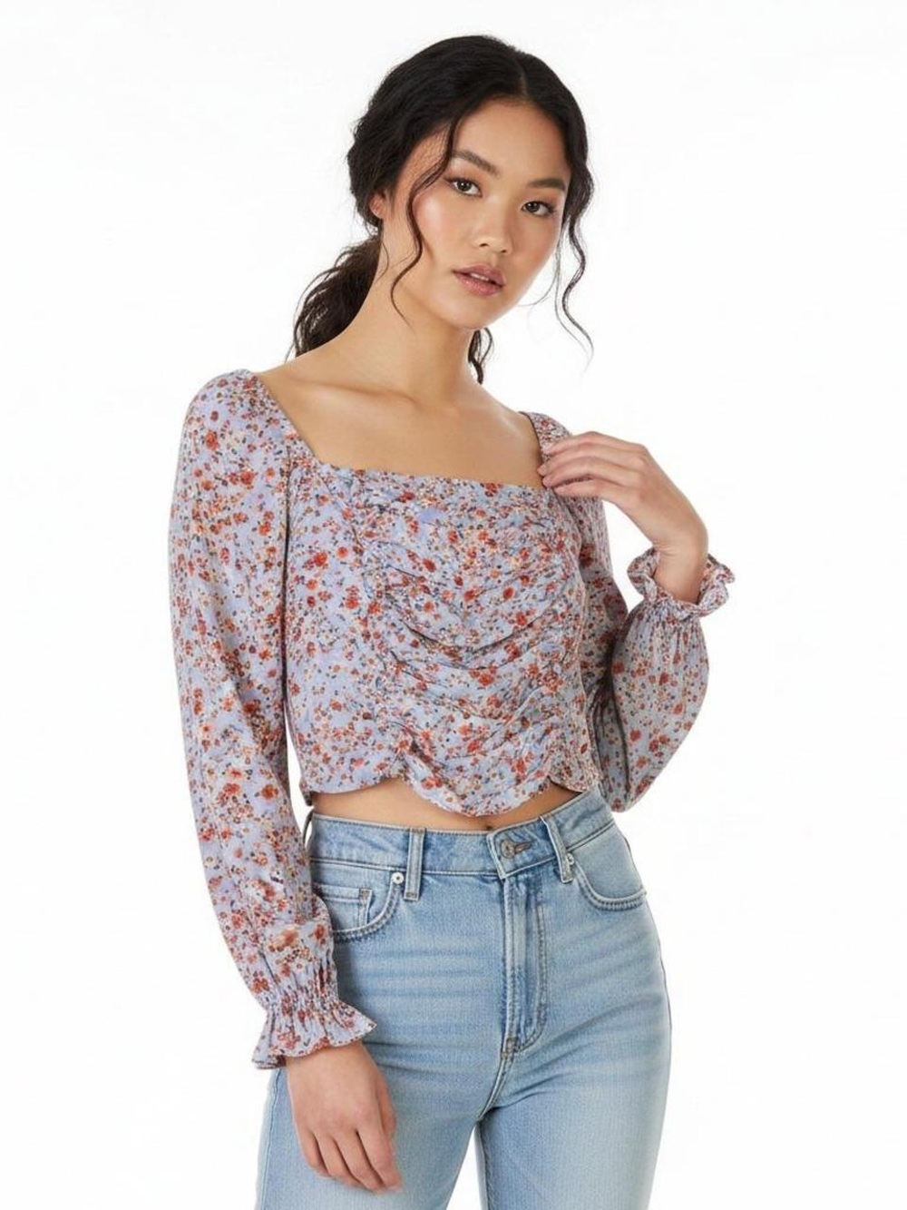 Altard State Lavender Floral Ruched Square-Neck Crop Top